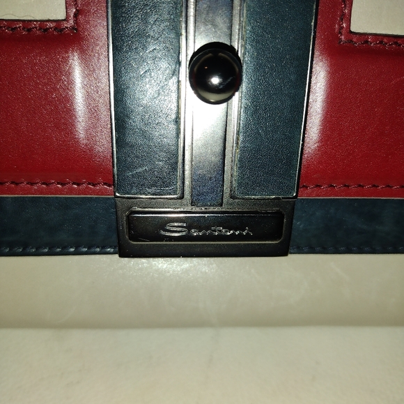 CLASSY GENUINE LEATHER SANTONI TRI COLOR RED, BLUE AND CREAM TOTE WITH STRAP - Picture 3 of 5